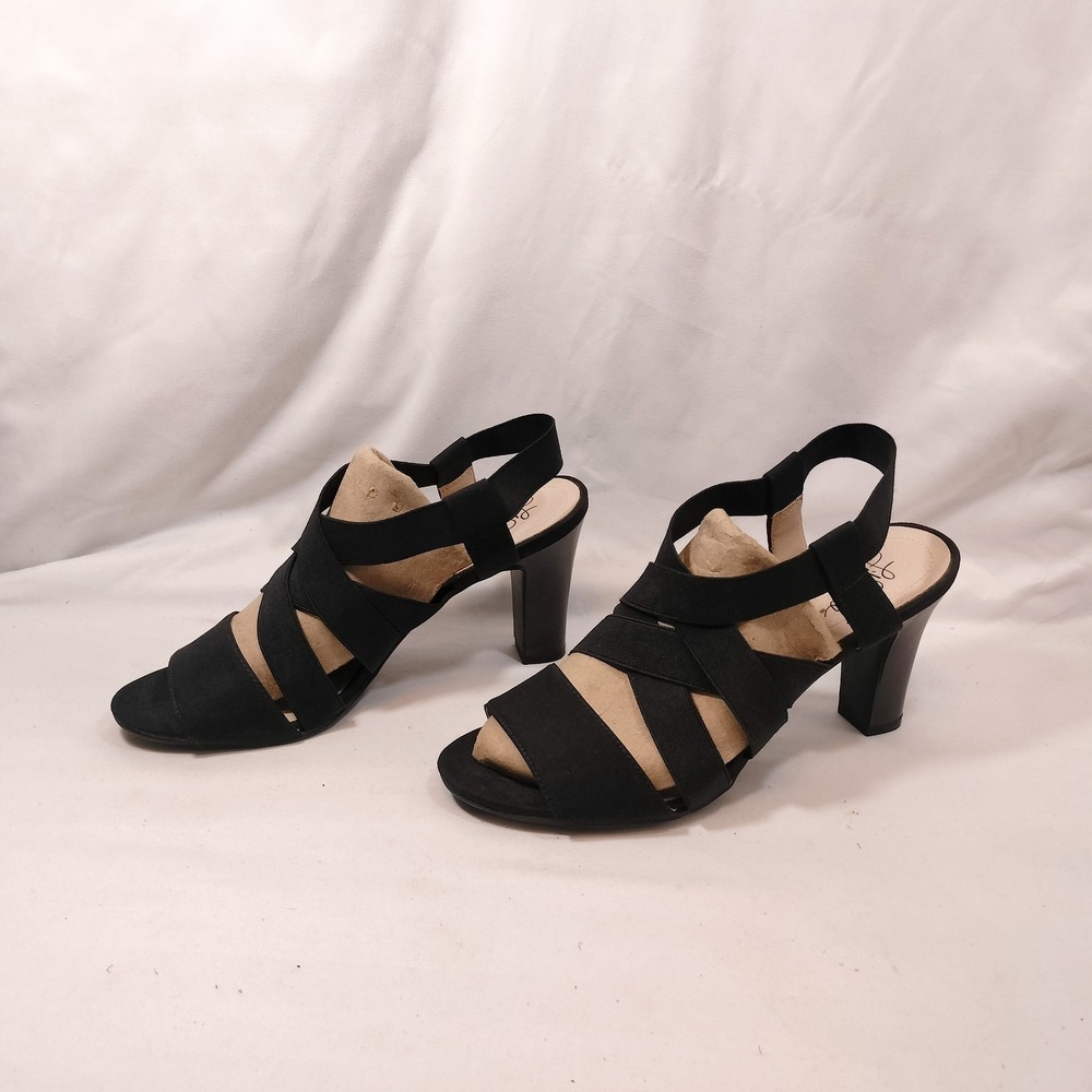LifeStride Charlotte Black Heeled Sandals; Strappy Elastic Slingback Heels